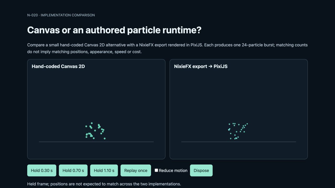 Canvas and NixieFX/PixiJS burst held at 0.30 seconds